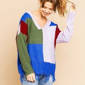 Women's Multi Color Blocked Long Sleeve V Neck Knit Pullover Sweater Size-L NWT